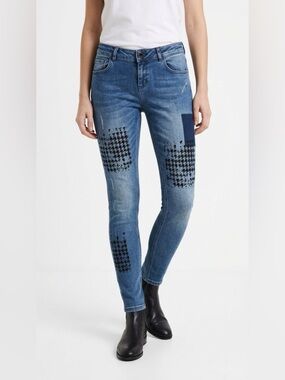 DESIGUAL BLUE SKINNY JEANS WITH HOUNDSTOOTH PATCHES WOMAN 28